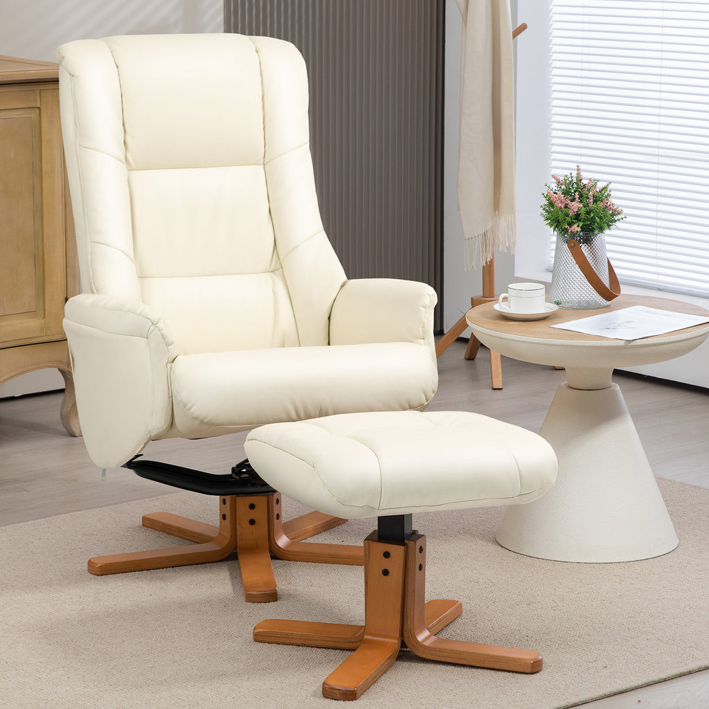 HOMCOM Relaxsessel mit Hocker, Liegefunktion, Kunstlederbezug, bis 150 kg, 71 x 84 x 102 cm, Cremeweiß