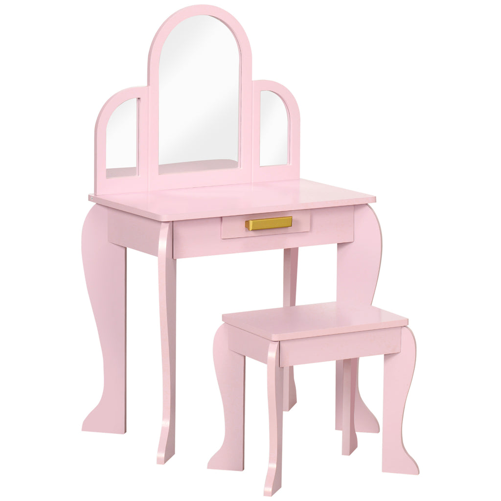 HOMCOM Kinder-Frisiertisch mit Hocker 3 Spiegel und Schublade 3-6 Jahre 52 x 32 x 85 cm Rosa