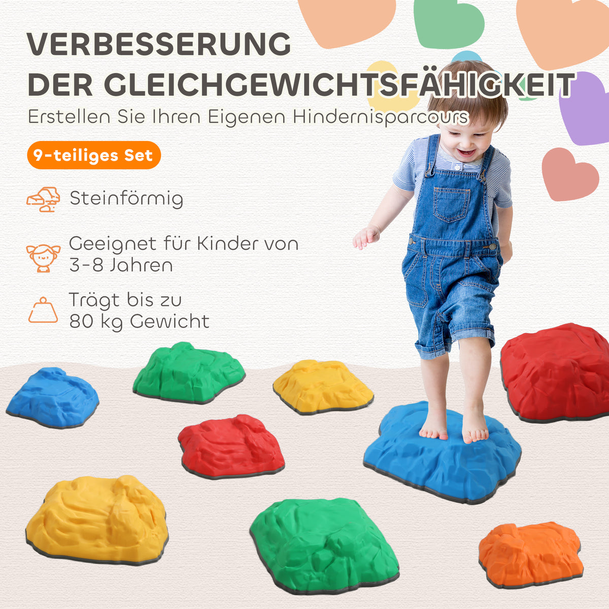 AIYAPLAY 9 rutschfeste Balance-Trittsteine für drinnen und draußen, Koordinations-Förderung, für Kinder von 3-8 Jahren, Bunt
