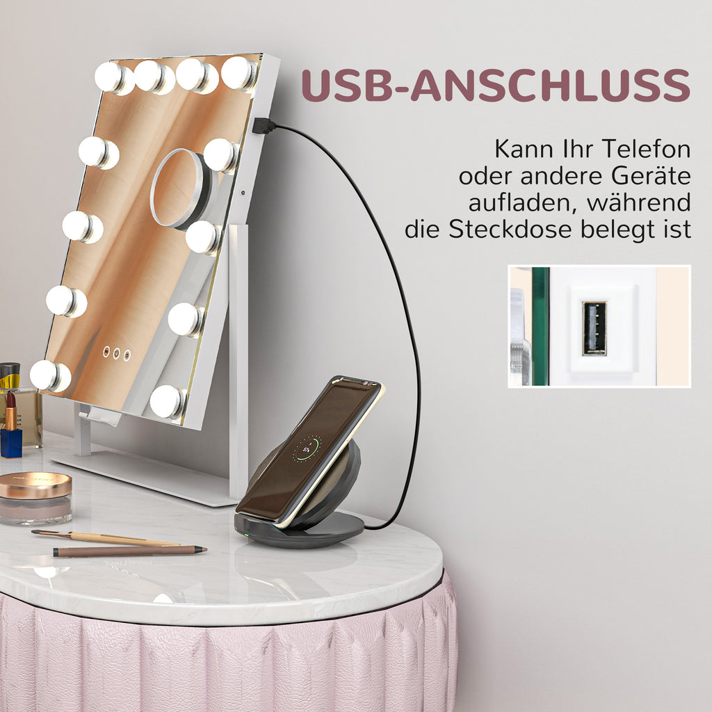 HOMCOM LED Kosmetikspiegel, 3 Lichtmodi, dimmbar, Touchsteuerung, USB, 37x46 cm, Weiß