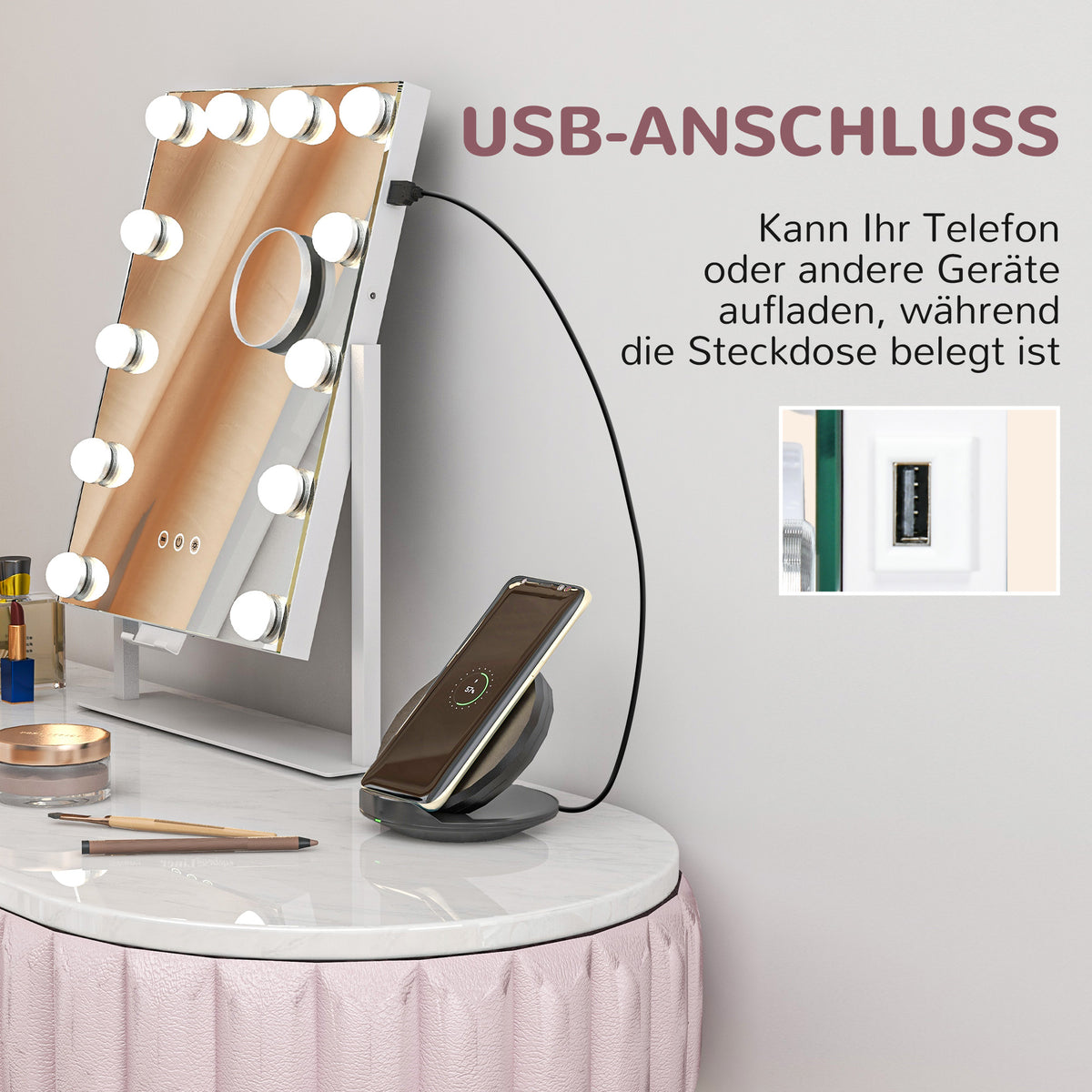 HOMCOM LED Kosmetikspiegel, 3 Lichtmodi, dimmbar, Touchsteuerung, USB, 37x46 cm, Weiß