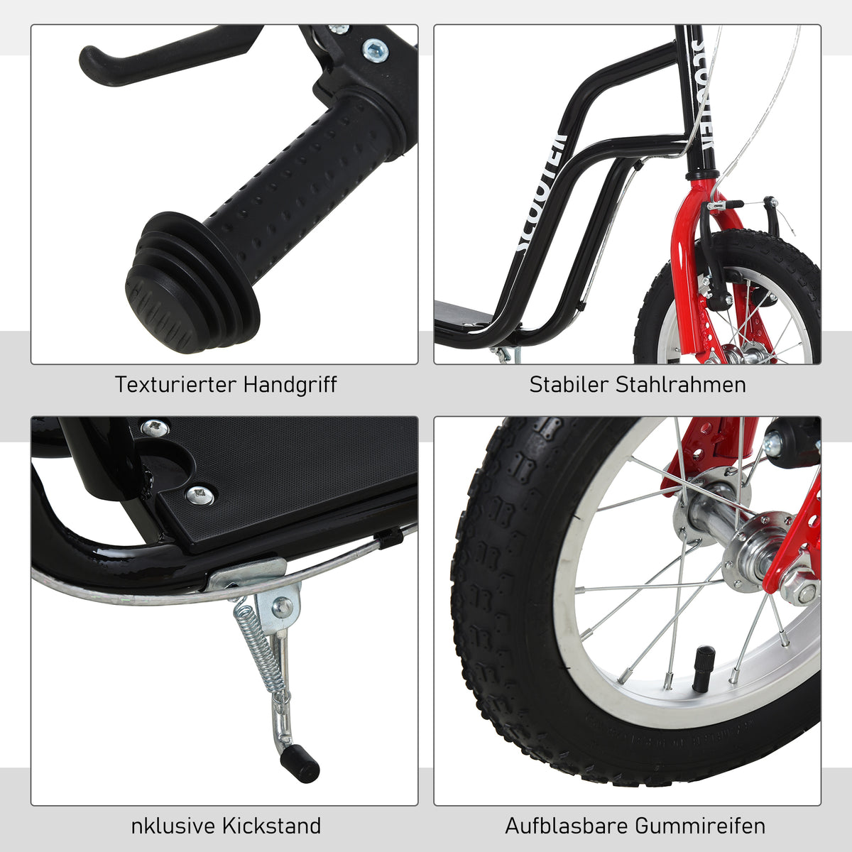 HOMCOM Kinderroller Lenker Verstellbar Scooter Tretroller Cityroller Kinder Roller Kickboard mit Luftreifen 12 Zoll ab 5 Jahre Schwarz 120 x 58 x 75-80 cm