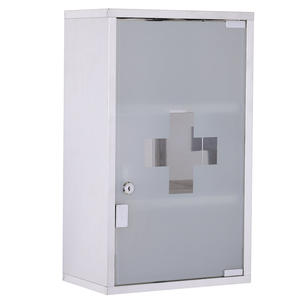 HOMCOM Medizinschrank Arzneischrank aus Edelstahl, Abschließbar Medikamentenschrank mit 3 Fächern, Glastür Apothekerschrank zur Medikamenten-Aufbewahrung, 30 x 18 x 50 cm