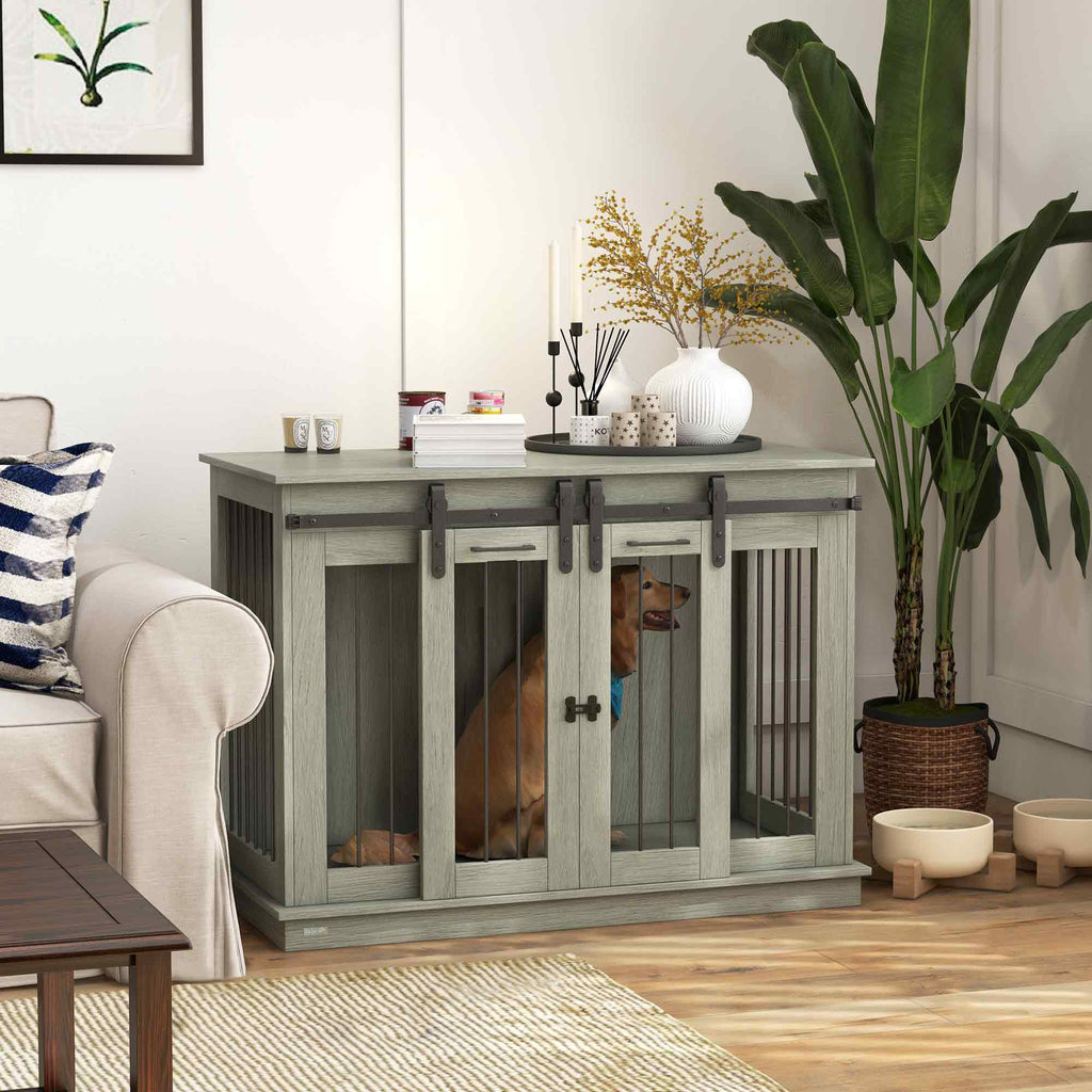 PawHut Hundekäfig mit 2 Türen, Hundebox, Transportbox für Hunde, rustikales Design, verriegelbar, Grau