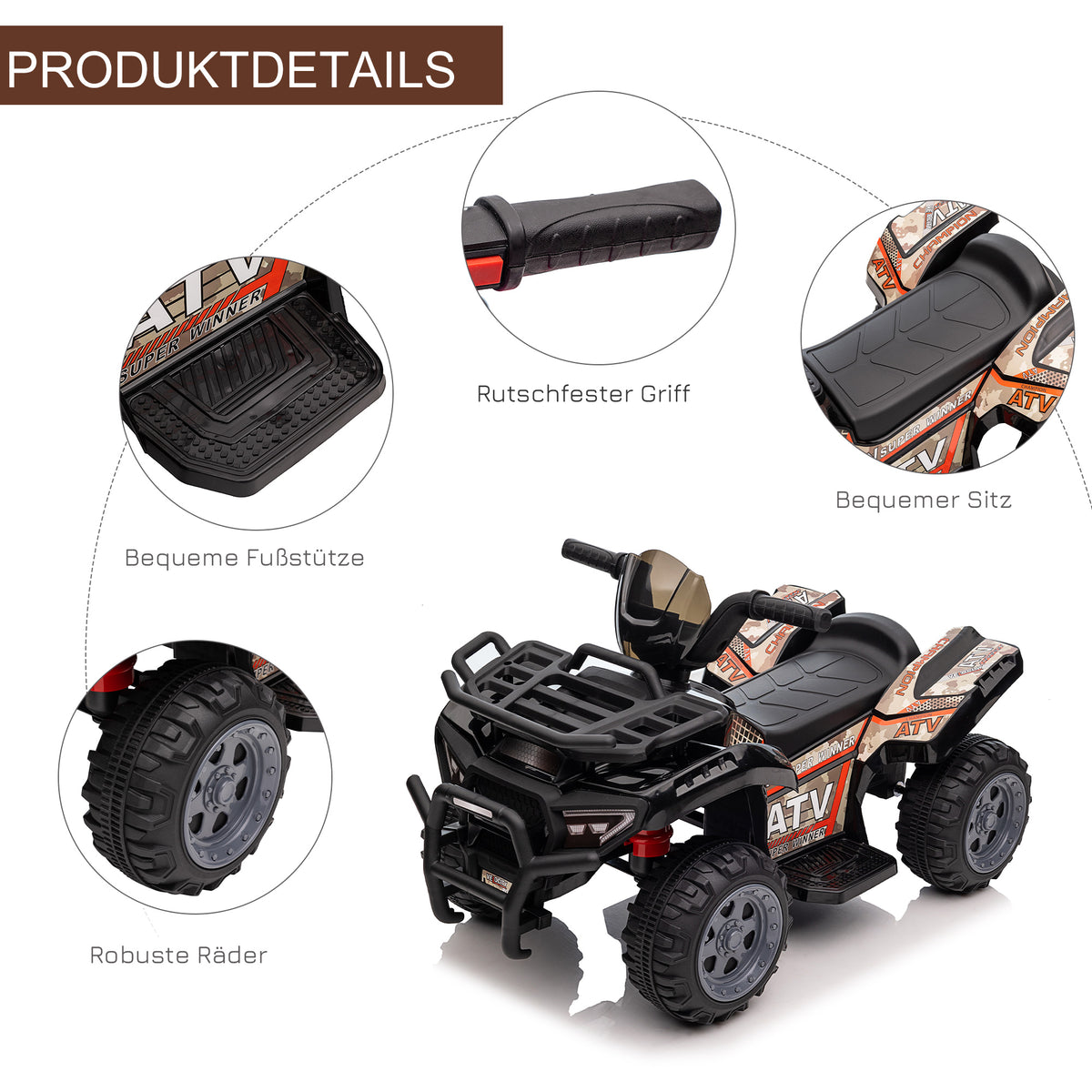 HOMCOM Kinder Quad Elektro 6V Kinderquad mit Vorwärtsfunktion, Musik, Elektro-Quad für Kinder 1,5-3 Jahre Schwarz