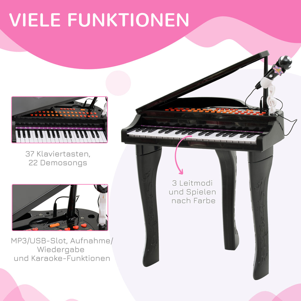 HOMCOM Kinder Klavier Mini-Klavier Piano Keyboard Musikinstrument MP3 USB inkl. Hocker 37 Tasten Schwarz