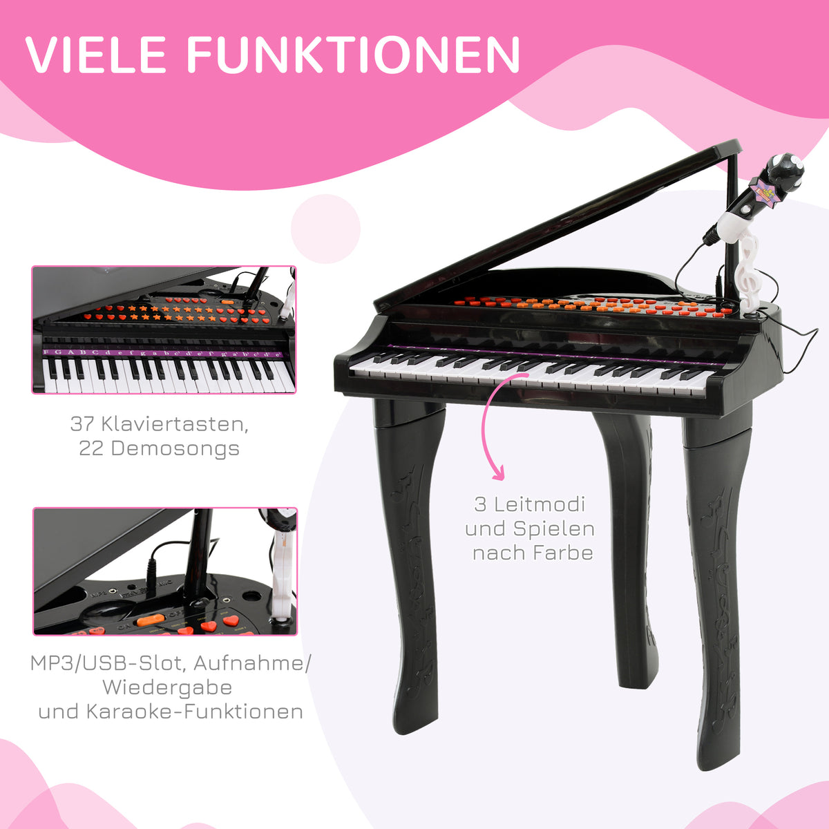HOMCOM Kinder Klavier Mini-Klavier Piano Keyboard Musikinstrument MP3 USB inkl. Hocker 37 Tasten Schwarz