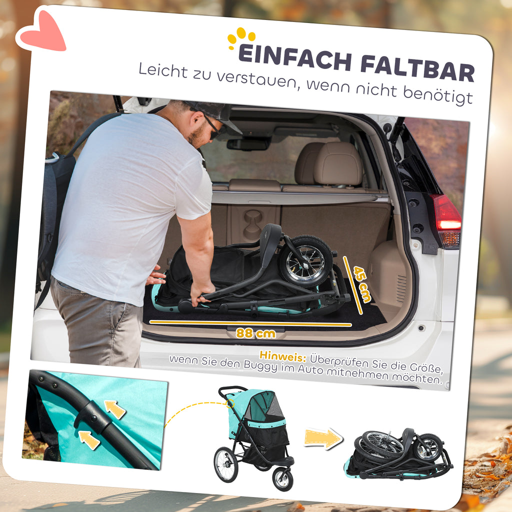 PawHut Hundebuggy, Haustierwagen für kleine Hunde und Katzen, mit Aufbewahrungskorb, Ein-Klick-Faltdesign, Türkis