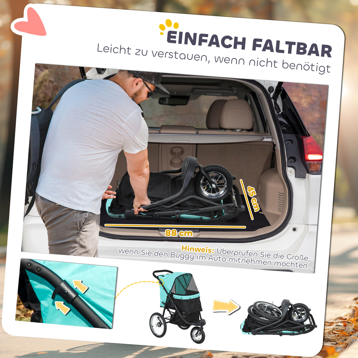 PawHut Hundebuggy, Haustierwagen für kleine Hunde und Katzen, mit Aufbewahrungskorb, Ein-Klick-Faltdesign, Türkis