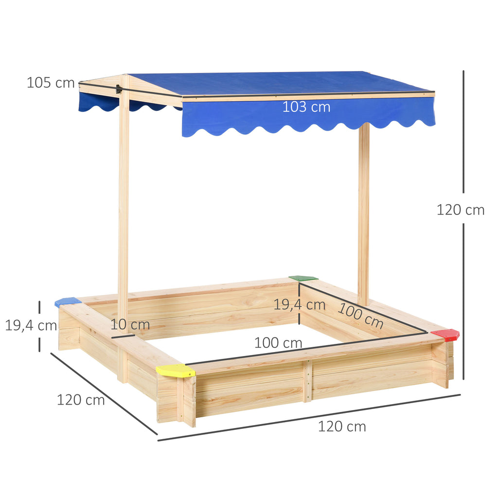 Outsunny Sandkasten mit Dach Sandkiste Kindersandkasten Tannenholz Bodenloses Design felix mit absenkbarem und schwenkbarem Dach Kurbeldach 120 x 120 x 120 cm Natur