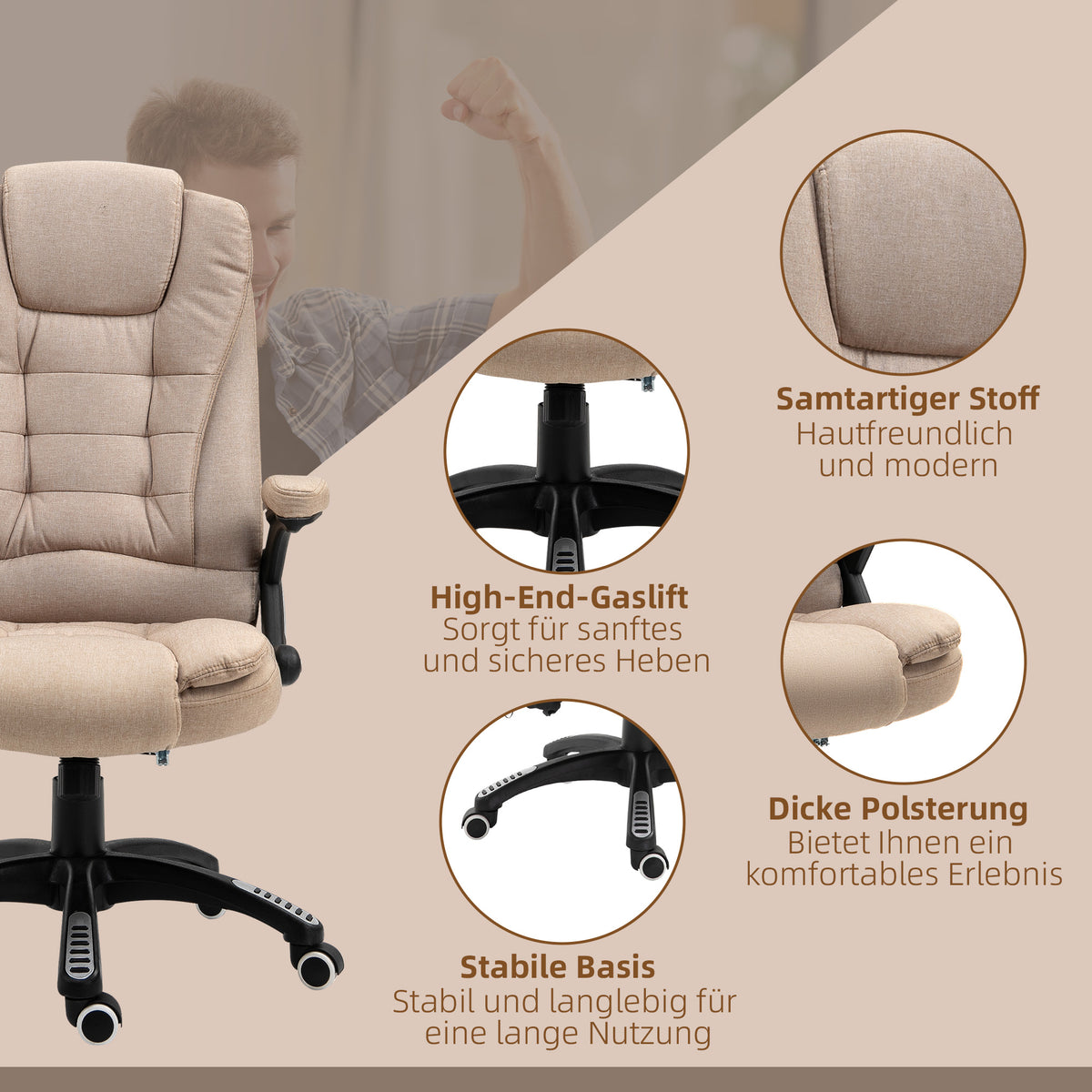 Vinsetto Massagesessel mit Wärmefunktion, Ergonomischer Schreibtischstuhl, höhenverstellbar, 68L x 72B x 110-120 cm, Braun