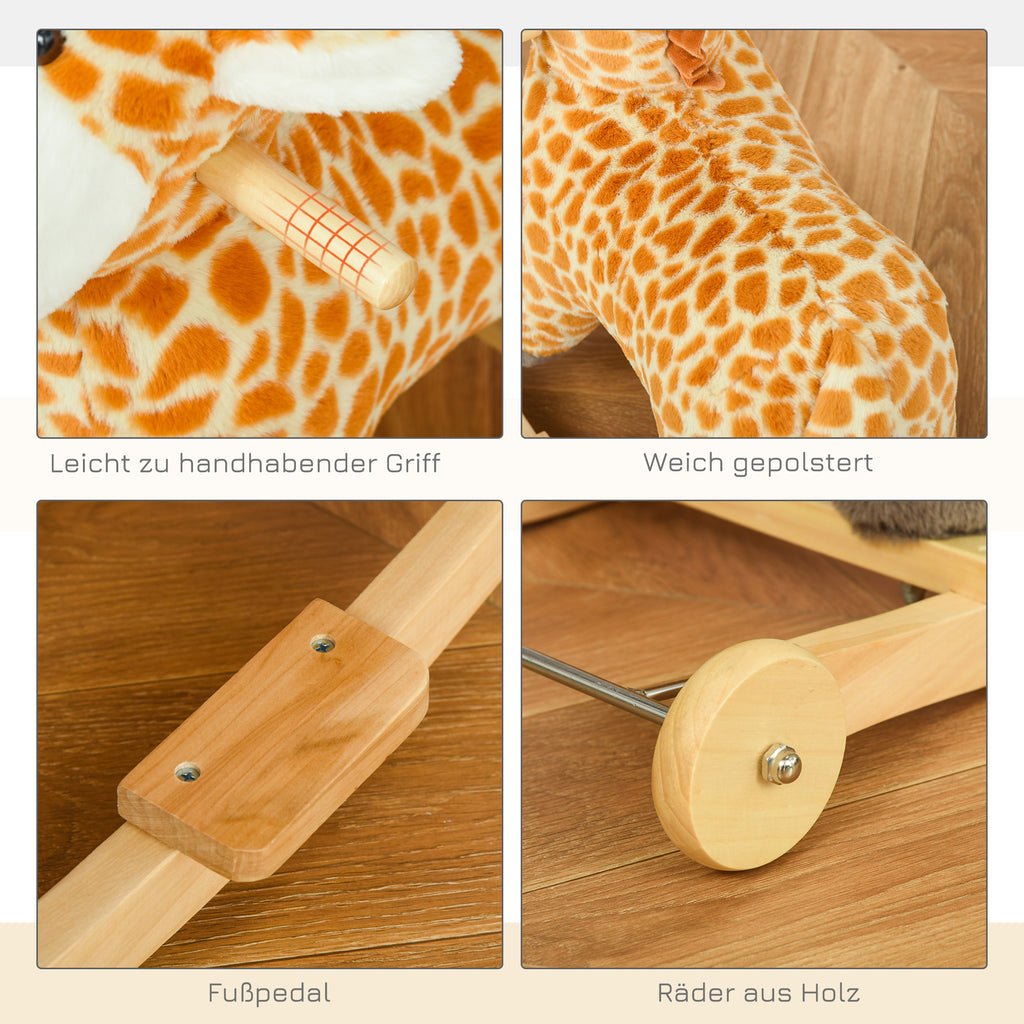 HOMCOM 2-IN-1 Schaukeltier Giraffen mit Sound Effekt, Räder , Haltegriffen Plüsch Baby Schaukelspielzeug Schaukel Schaukelsitz für Kleinkinder 3-6 Jahre