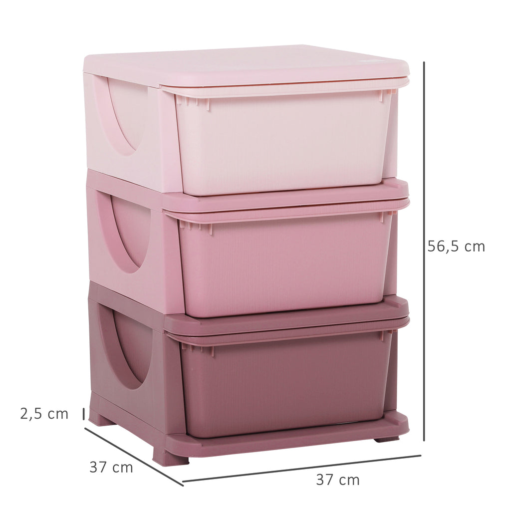 HOMCOM Aufbewahrungsboxen für Kinder, 3 Schubladen, abgerundete Kanten, erhöhtes Design, 37x37x56,5 cm, Rosa