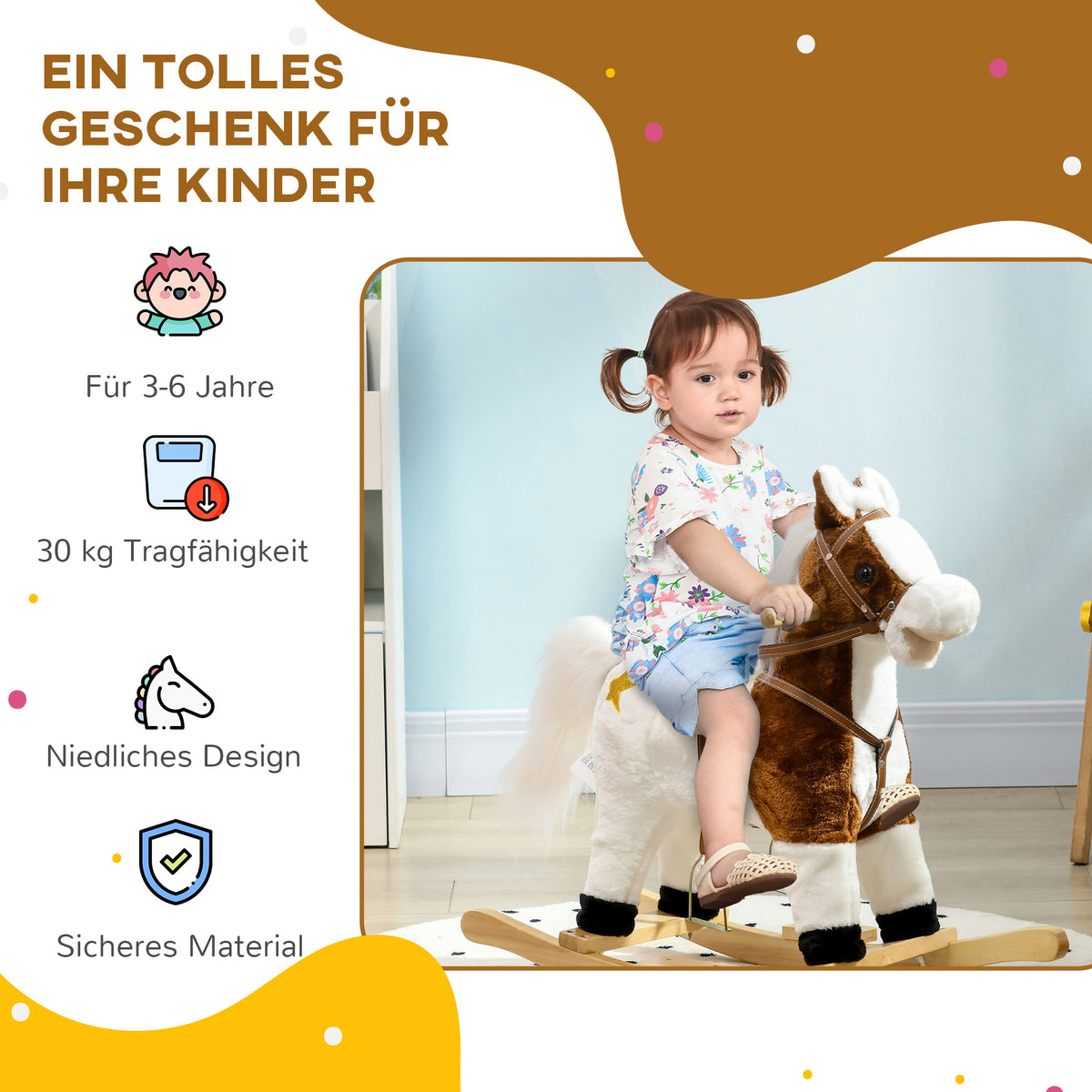 HOMCOM Schaukelpferd, Sattel mit Steigbügeln, Soundeffekte, Musik, Plüschkörper, Metallrahmen, bis 30 kg, braun