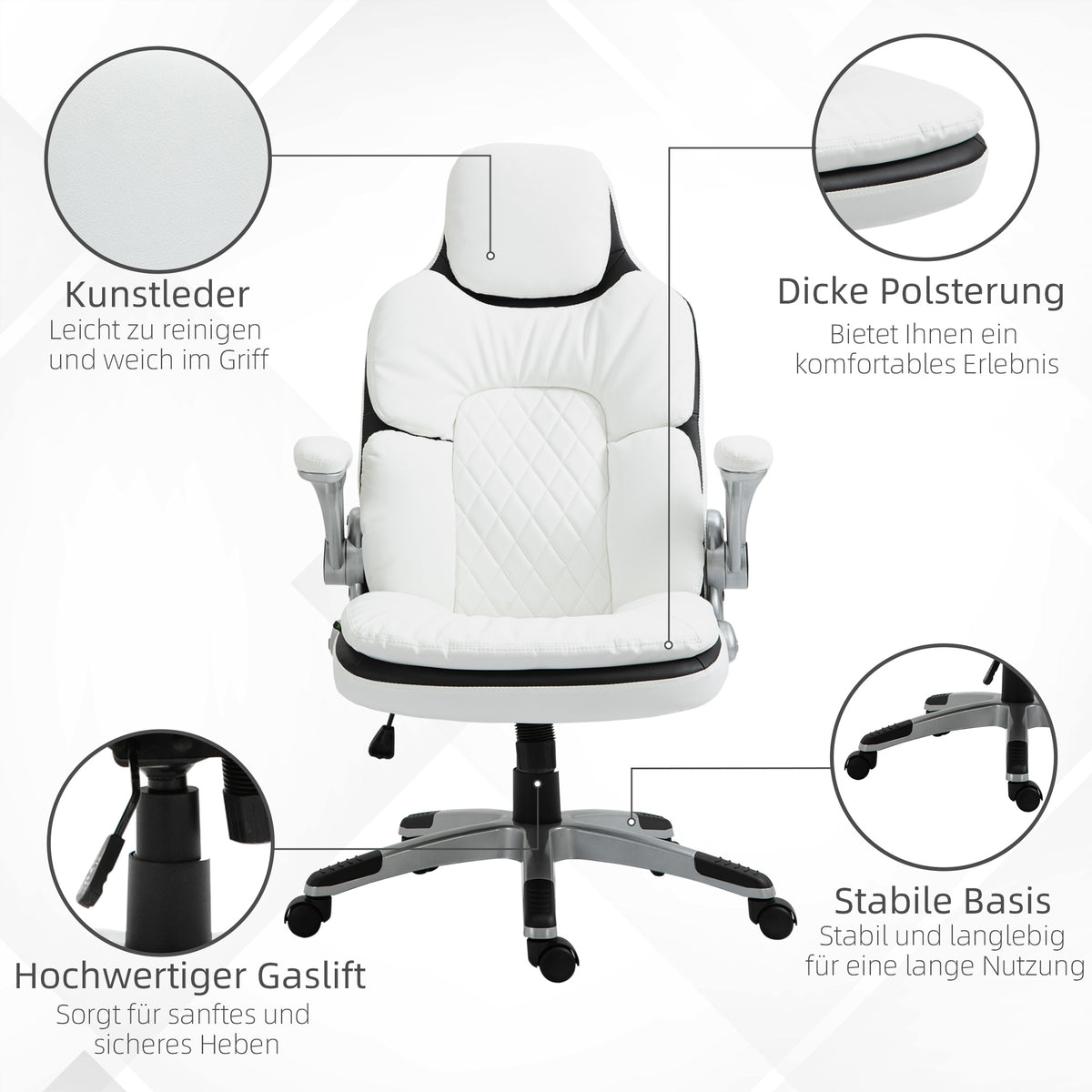 Vinsetto Ergonomischer Bürostuhl mit klappbare Armlehnen, Höhenverstellbarer Schreibtischstuhl mit Wippfunktion, dick gepolsterter Stuhl mit verstellbare gepolsterte Armlehne 69 x 67 x 113-121 cm