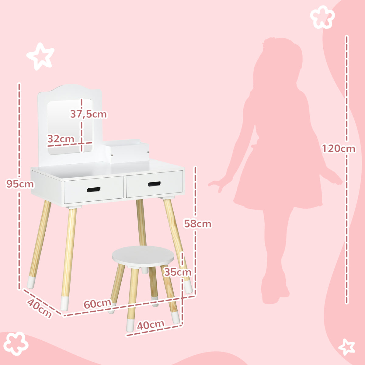 ZONEKIZ Kinder-Friseuse Schminktisch mit Hocker Spiegel und 2 Schubladen 3 bis 6 Jahre 60 x 40 x 95 cm Weiß und Holz