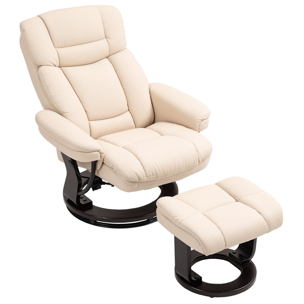 HOMCOM Relaxsessel mit Fußhocker, Verstellbarer Sessel, Kunstleder-Bezug, Polstersessel mit klappbarer Rückenlehne, Cremeweiß
