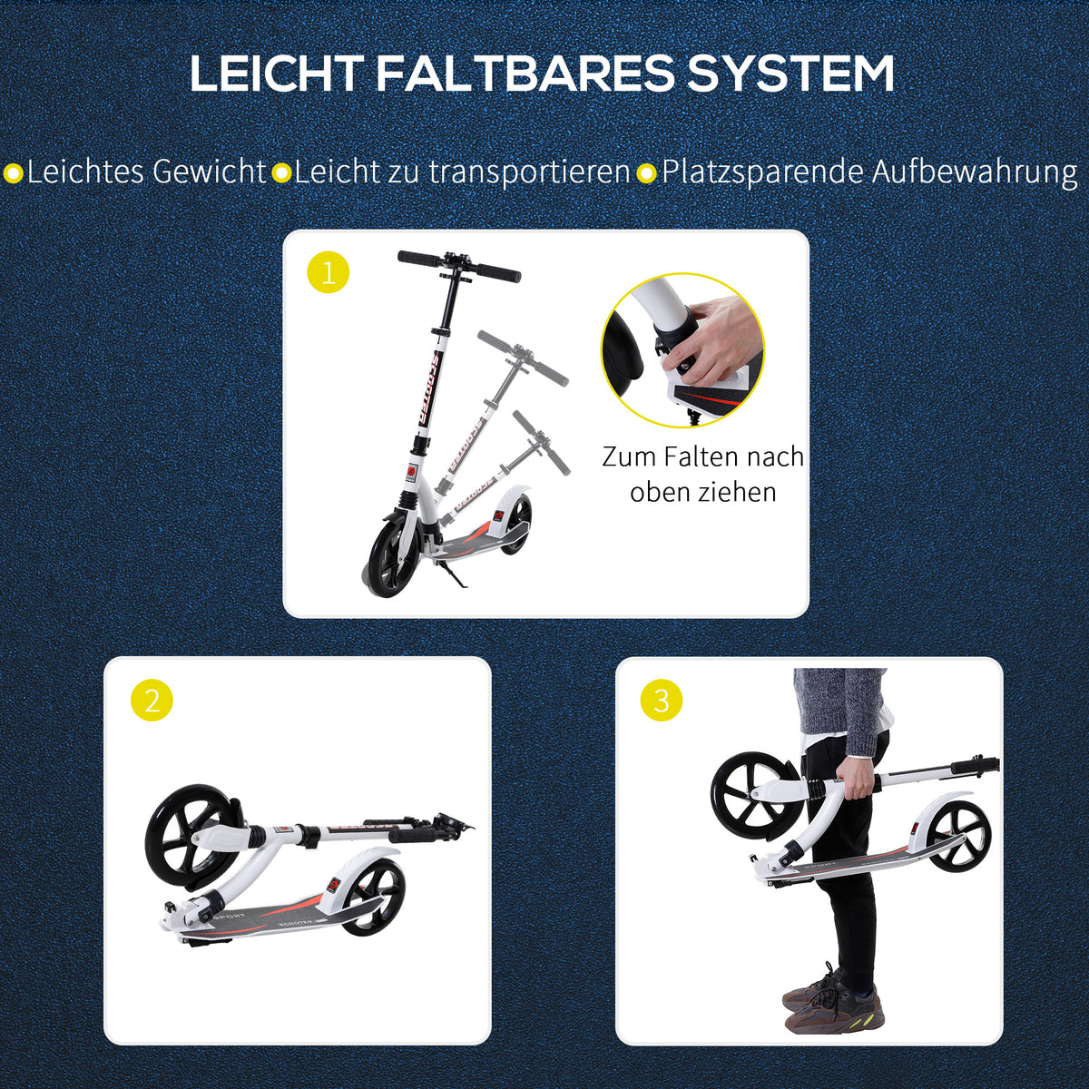 HOMCOM Kinderscooter, Kickscooter mit Stoßdämpfung, Tretroller, Klappbar und Höheverstellbar, ab 14 Jahren, Aluminium, Weiß, 92,5 x 37,5 x 82-97 cm