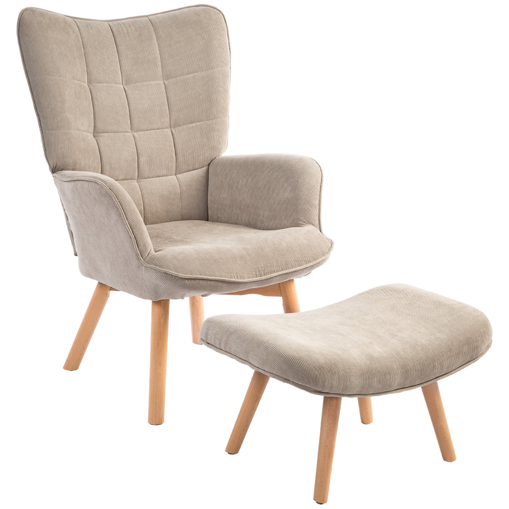 HOMCOM Akzentsessel mit Hocker, Relaxsessel in Cord-Optik, Armlehnstuhl mit Holzbeinen, für Wohnzimmer, Hellbraun