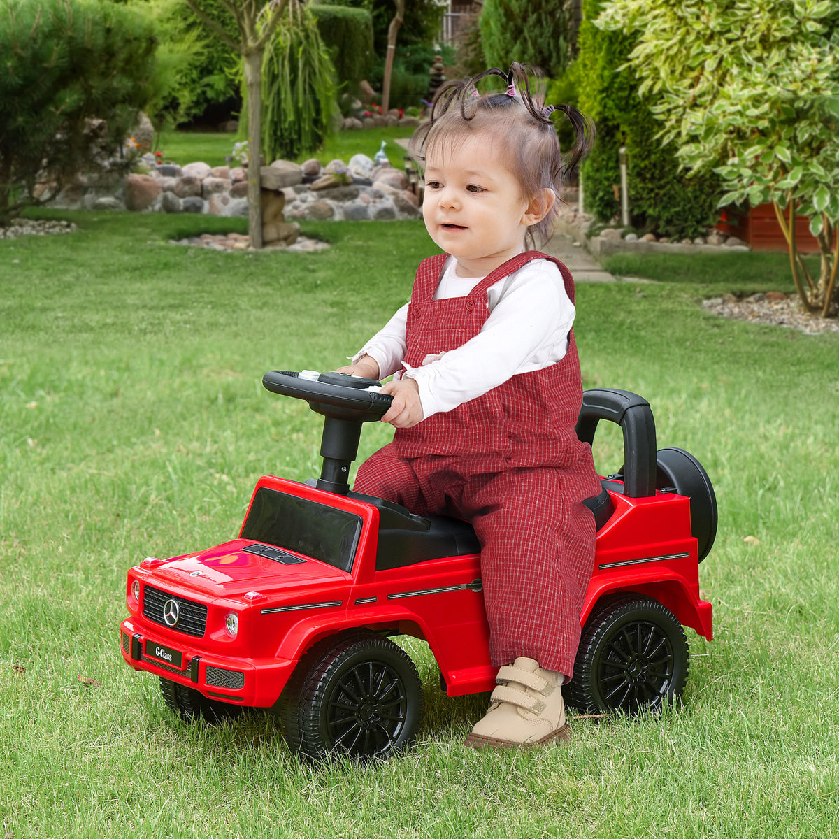 HOMCOM Kinder-Laufwagen Kinderfahrzeug zum Schieben lizenziertes Mercedes Benz 12-36 Monate Stauraum Hupe Lichter Rot