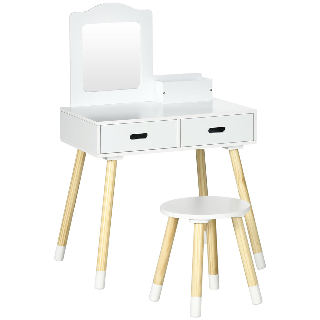 ZONEKIZ Kinder-Friseuse Schminktisch mit Hocker Spiegel und 2 Schubladen 3 bis 6 Jahre 60 x 40 x 95 cm Weiß und Holz