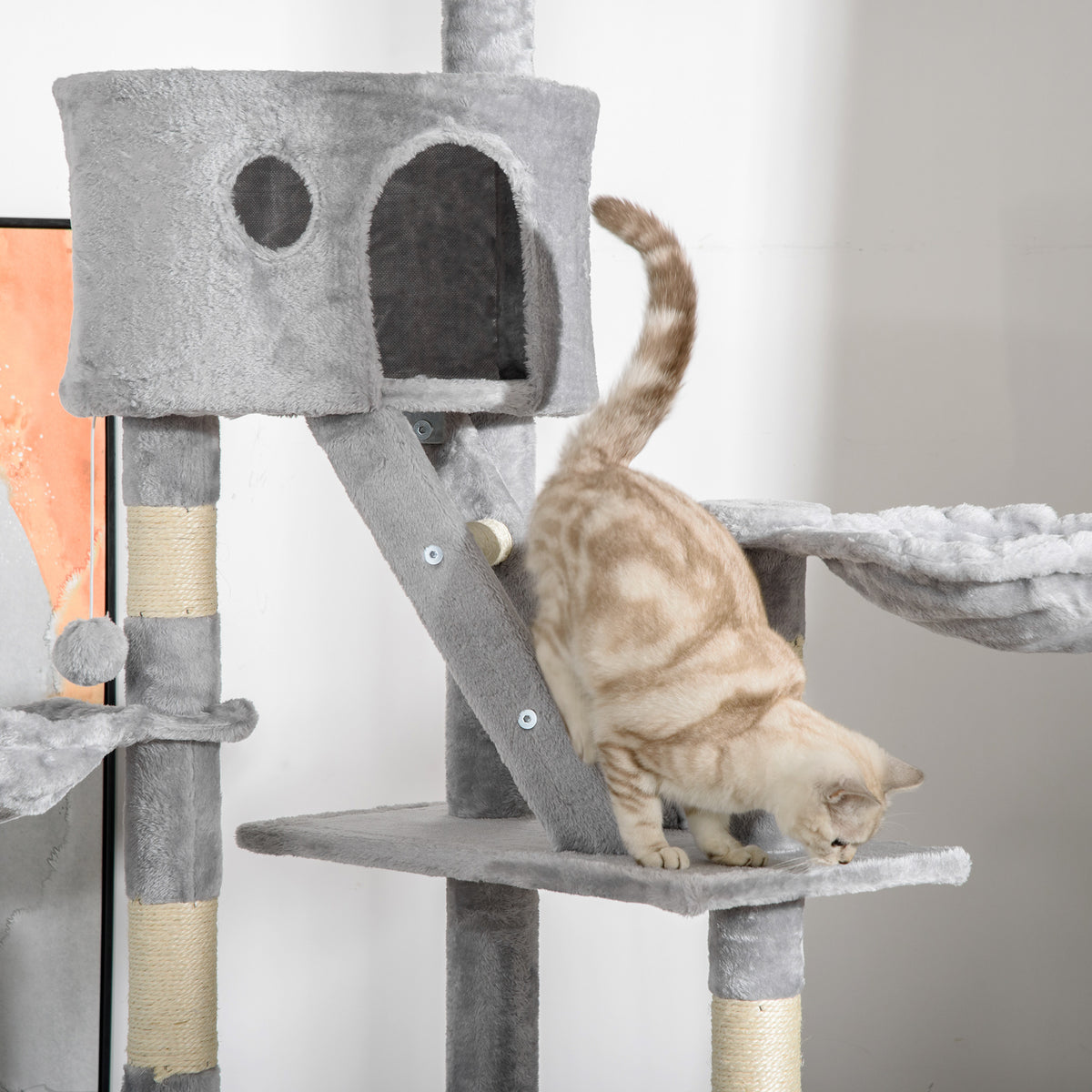 PawHut Katzenkratzbaum 240-260 cm Deckenhoch Kratzbaum groß Kletterbaum Katze Kratzbaum für große Katzen mit Sisalseil Hellgrau