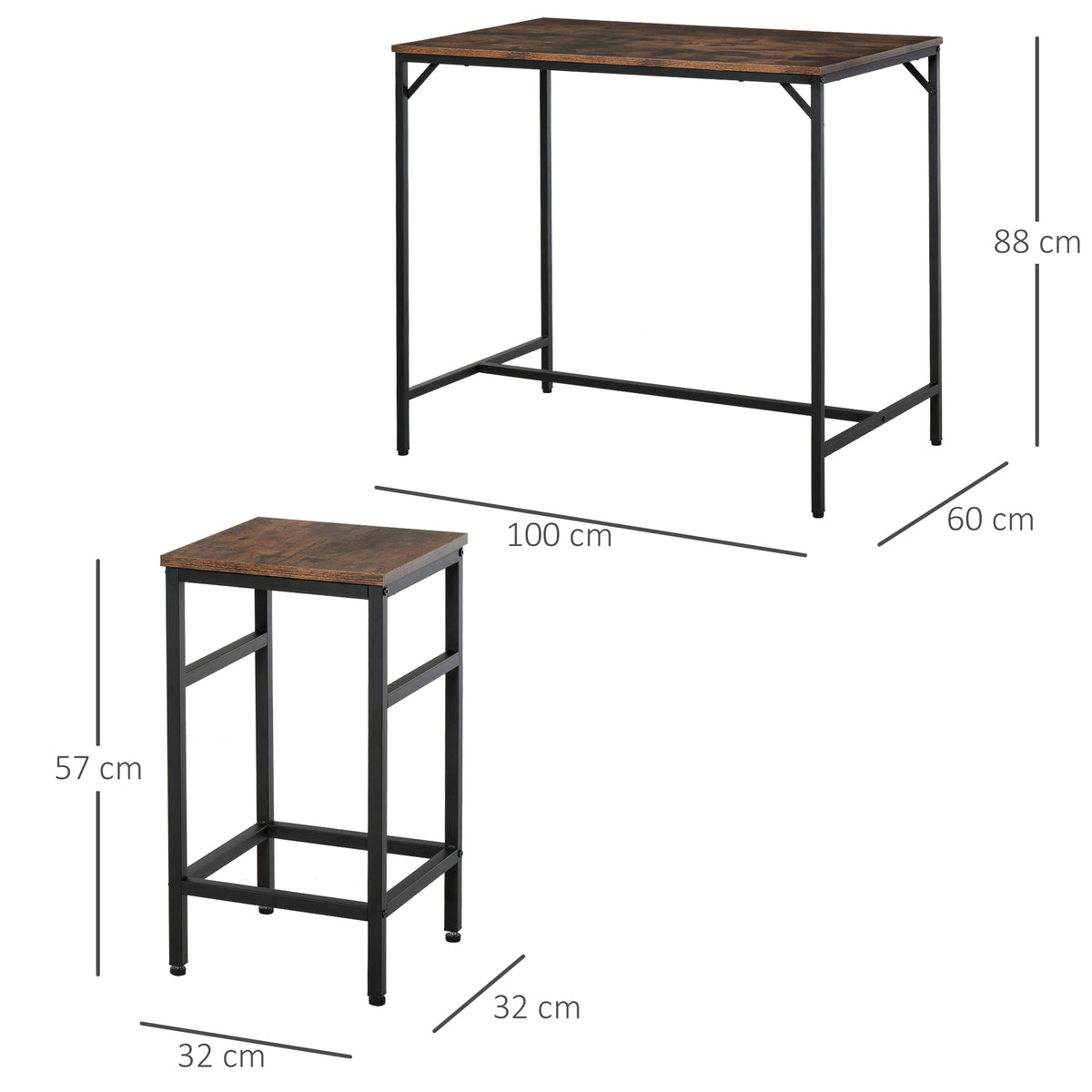 HOMCOM 5-teiliges Bartisch Set Bartisch mit Barhocker-Set Esstisch mit 4 Stühlen Küchentisch für Esszimmer, Küche, Rustikal-Braun+Schwarz