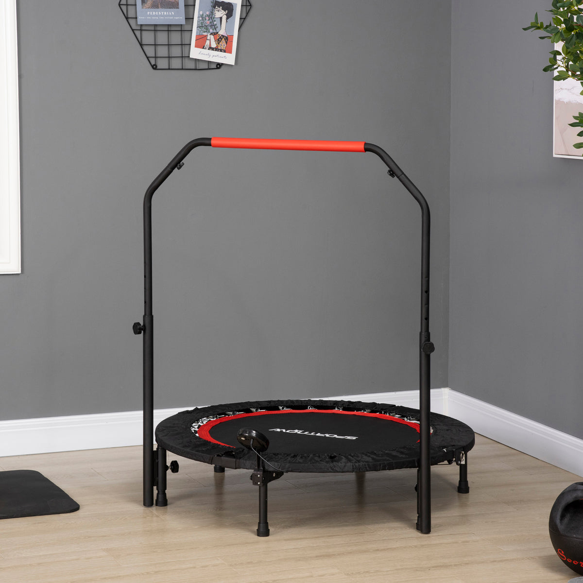 SPORTNOW Mini-Trampolin, mit höhenverstellbarem Haltegriff, LCD-Monitor, Stahl, schwarz+rot, Ø102 x 99-123cm