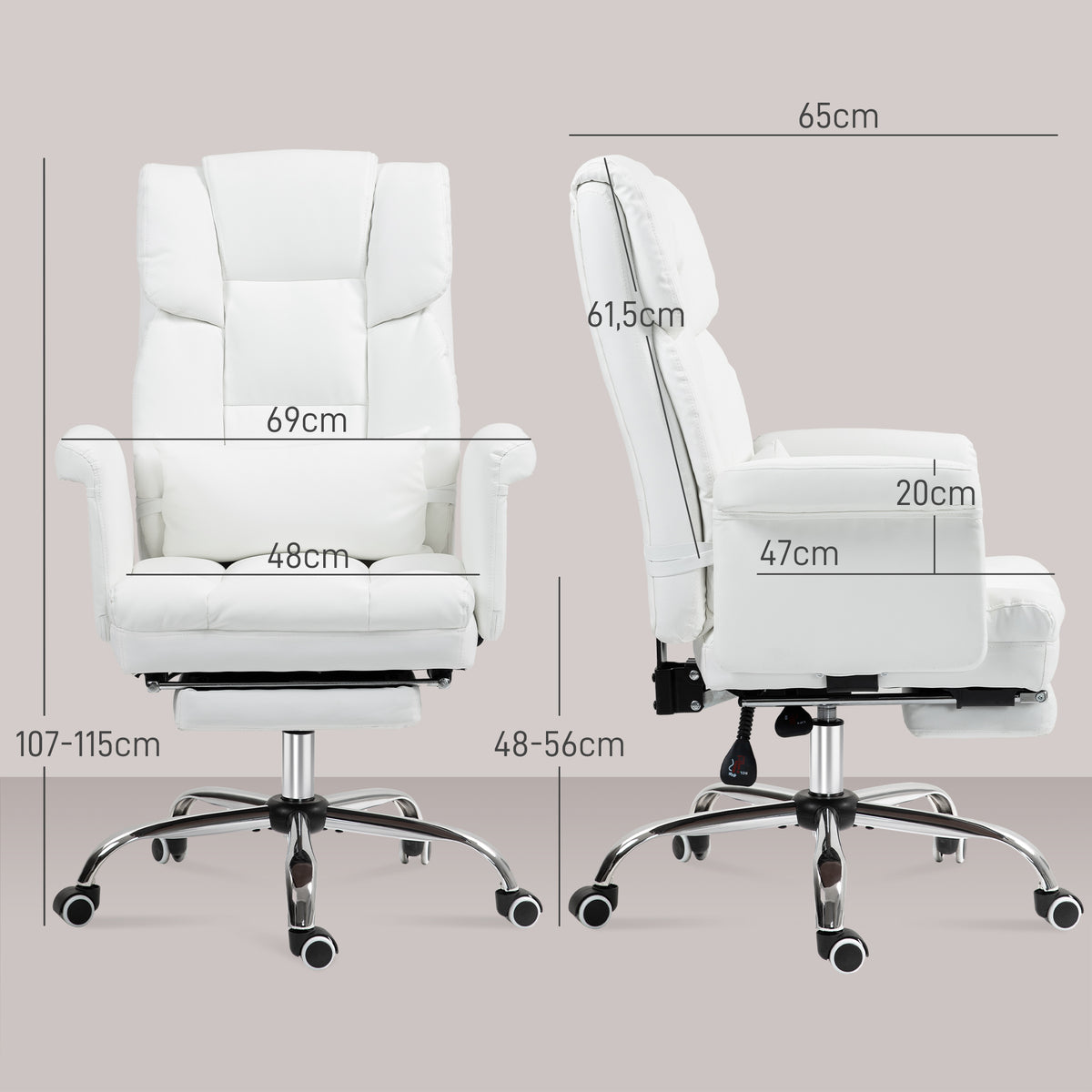 HOMCOM Ergonomischer Bürostuhl, höhenverstellbar 48-56 cm, neigbare Rückenlehne, Fußstütze, Weiß
