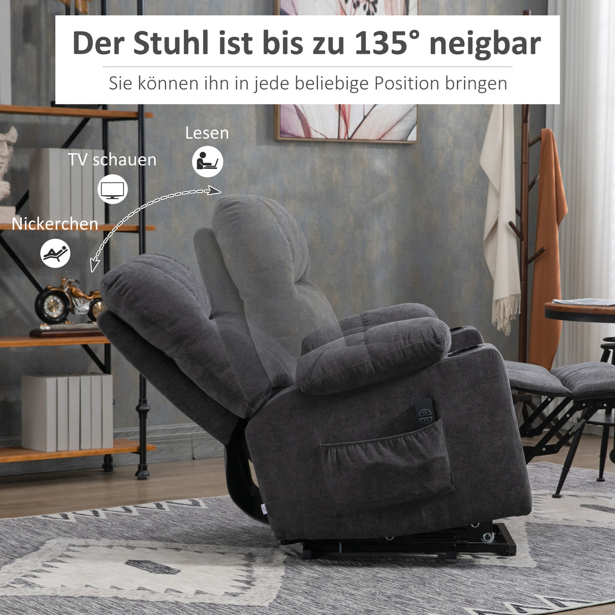 HOMCOM Aufstehhilfe Seniorensessel, Liegefunktion, inkl. Fernbedienung, 144 cm x 91 cm x 88 cm, Dunkelgrau