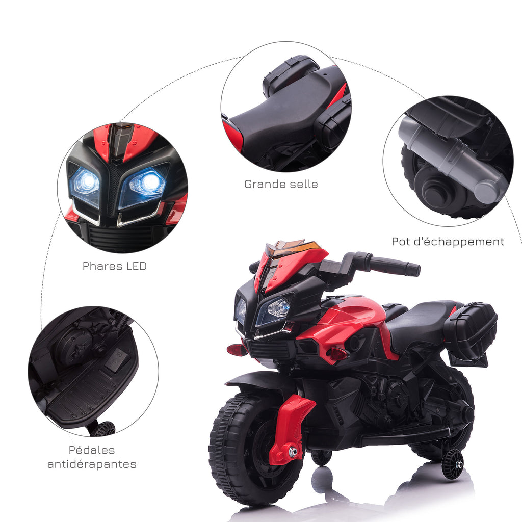 HOMCOM Kinder Elektromotorrad 6 V 3 km/h Licht- und Soundeffekte abnehmbare Räder Trittbretter Seitentaschen Metall PP Rot Schwarz