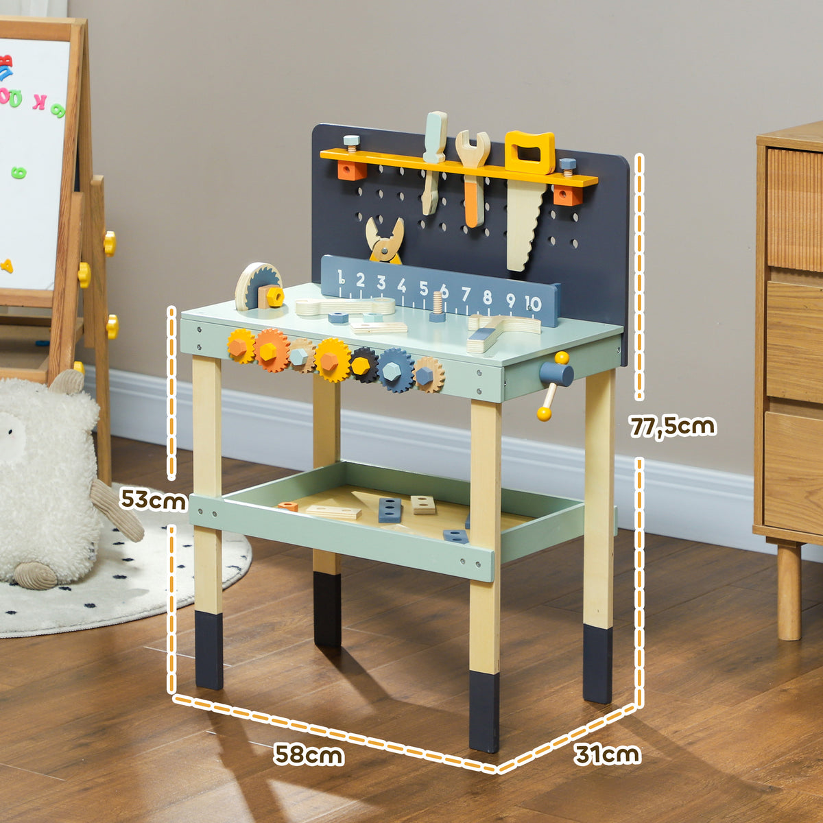 AIYAPLAY Spielwerkbank, mit Werkzeug-Set, robust, für 3-6 Jahre, 58 x 31 x 77,5 cm, Hellblau