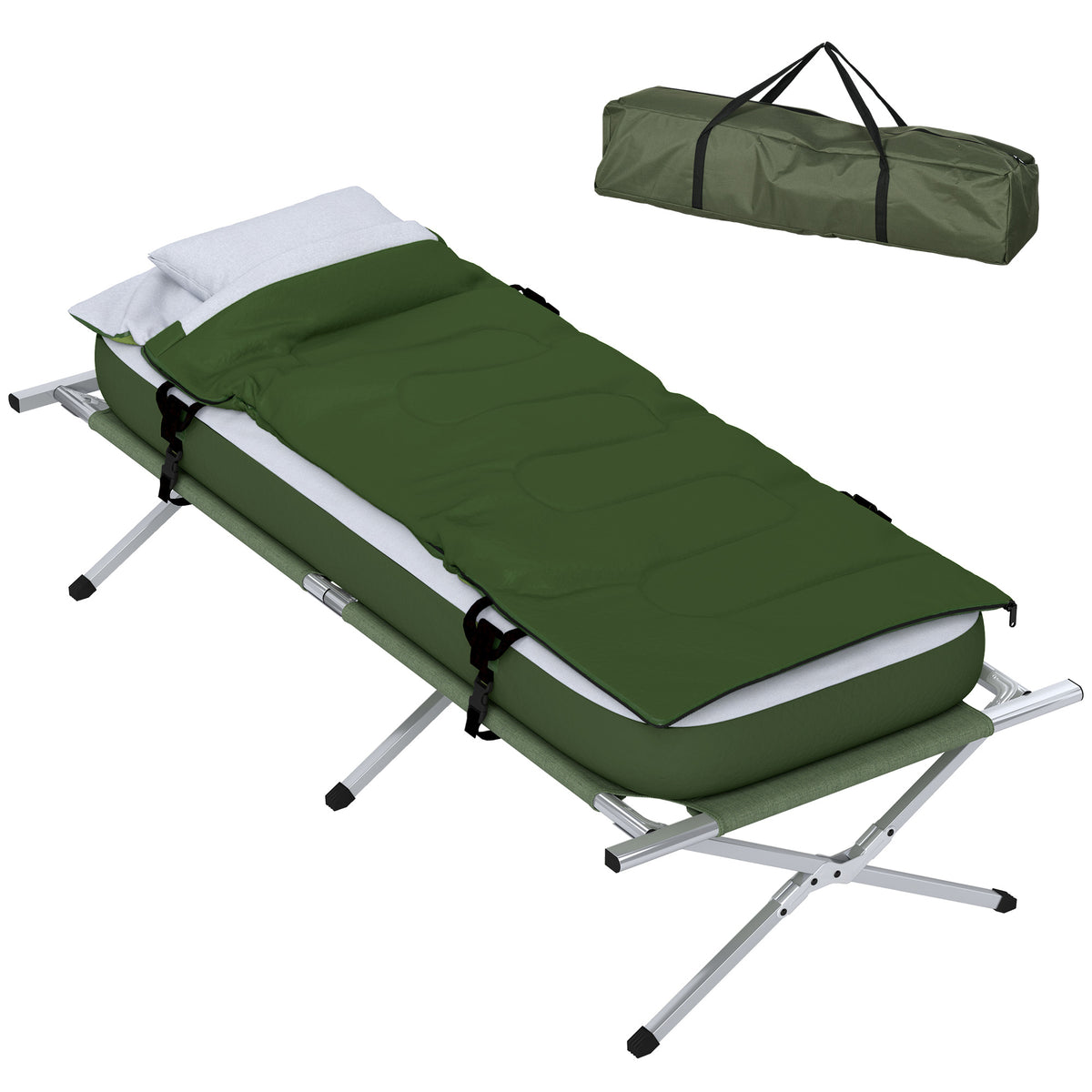 Outsunny Campingbett Feldbett, 5-teiliges-Set, inkl. Transporttasche, 193 x 86 x 43/63 cm, Grün