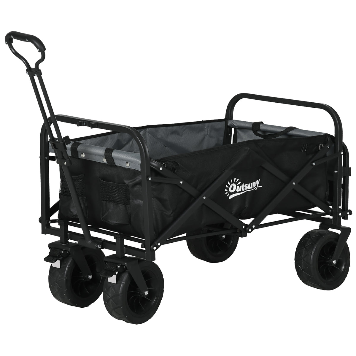 Outsunny Faltbarer Gartenwagen mit 4 Rädern und höhenverstellbarem Teleskopgriff, einstellbarer Neigung, öffnbare Hintertür, Schwarz