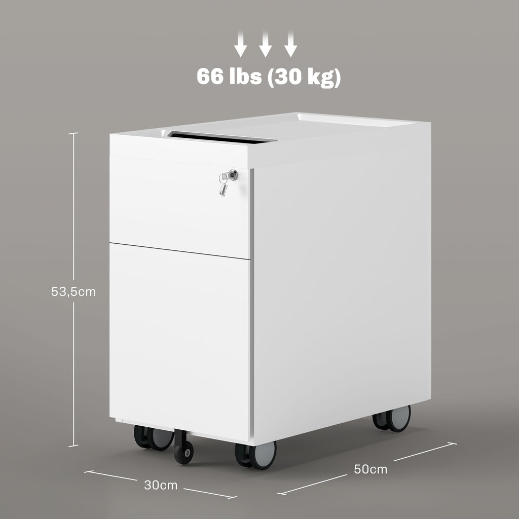 HOMCOM Aktencontainer mit Doppelschloss, Hängeregister, pulverbeschichteter Stahl, 30x50x53,5 cm, Weiß