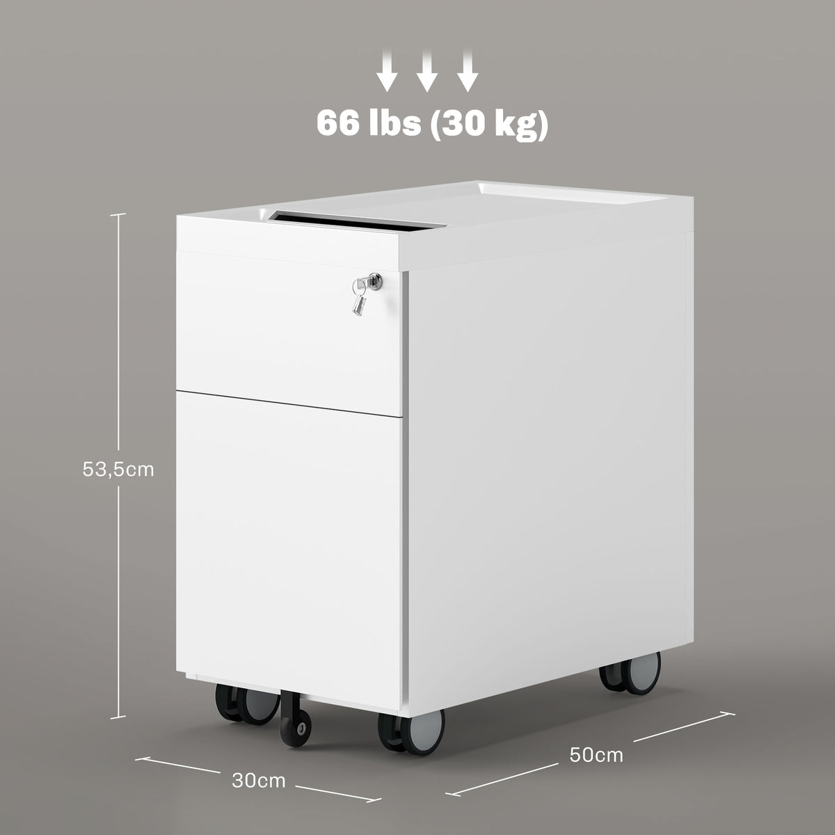 HOMCOM Aktencontainer mit Doppelschloss, Hängeregister, pulverbeschichteter Stahl, 30x50x53,5 cm, Weiß
