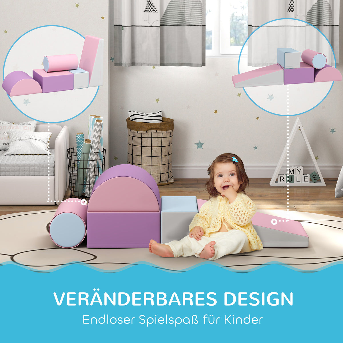 HOMCOM Softbausteine, 5er-Set Schaumstoff-Bausteine für Kinder im Alter von 1-3 Jahren, Kunstleder, Mehrfarbig
