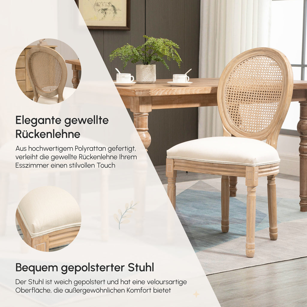 HOMCOM 2er-Set Küchenstühle Polsterstühle Wienergeflecht, Massivholz, 49 cm x 56 cm x 96 cm, Cremeweiß +Natur