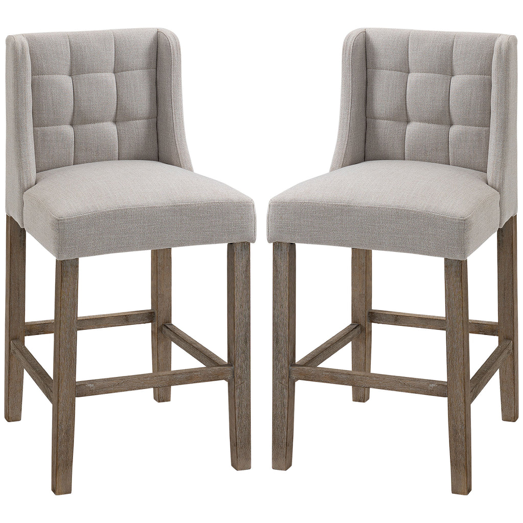 HOMCOM 2er-Set Barhocker mit lehne Barstühle mit Knopfheftung, Massivholz, inkl. Fußstütze, 47 cm x 50 cm x 101 cm, Grau + Natur