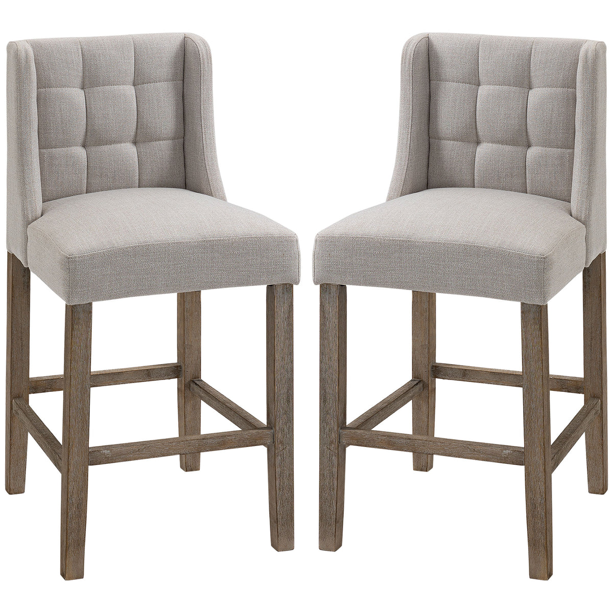HOMCOM 2er-Set Barhocker mit lehne Barstühle mit Knopfheftung, Massivholz, inkl. Fußstütze, 47 cm x 50 cm x 101 cm, Grau + Natur