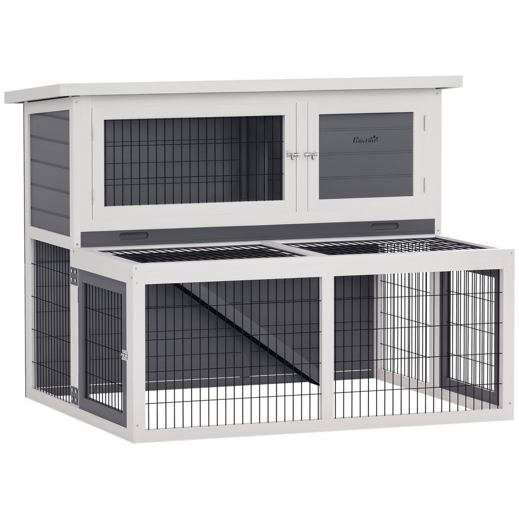PawHut Hasenstall 2 Ebenen mit klappbar Dach Kaninchenstall aus Vollholz Winterfest Doppelstockhaus 122x95x93,5 cm Grau
