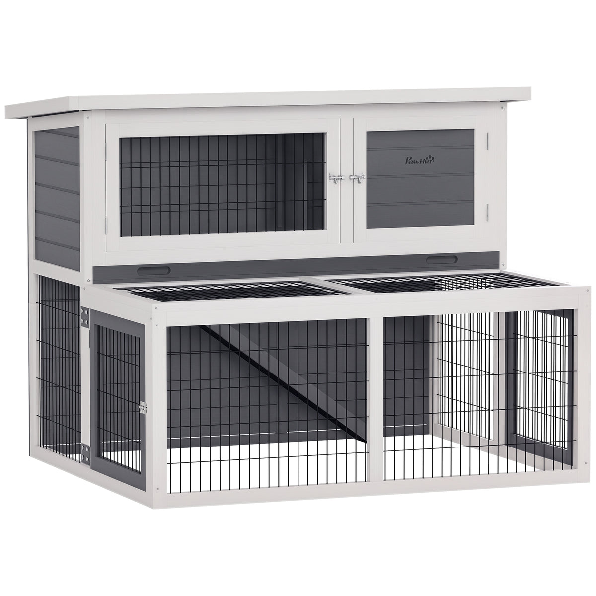 PawHut Hasenstall 2 Ebenen mit klappbar Dach Kaninchenstall aus Vollholz Winterfest Doppelstockhaus 122x95x93,5 cm Grau