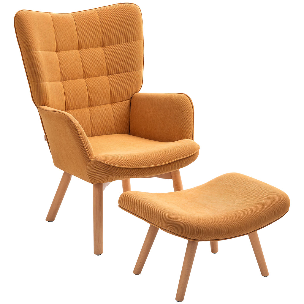 HOMCOM Akzentsessel mit Hocker, Relaxsessel in Cord-Optik, Armlehnstuhl mit Holzbeinen, für Wohnzimmer, Braun