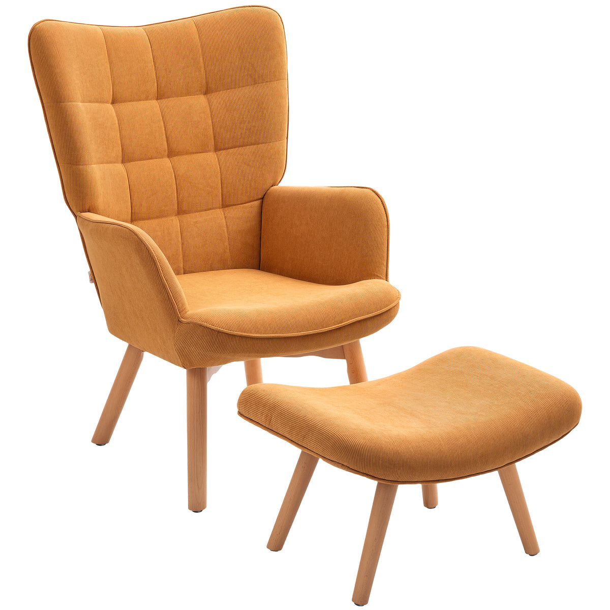 HOMCOM Akzentsessel mit Hocker, Relaxsessel in Cord-Optik, Armlehnstuhl mit Holzbeinen, für Wohnzimmer, Braun