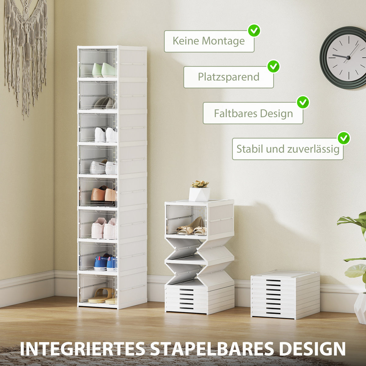 HOMCOM 8-stufiges Schuhregal, Schuhschrank, faltbar, belüftete Rückseite, Kunststoff, Weiß