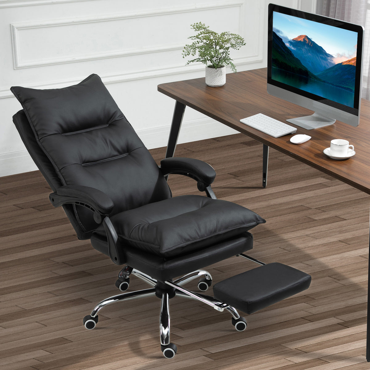 Vinsetto Bürostuhl mit Liegefunktion, ergonomisch Schreibtischstuhl, höhenverstellbar Drehstuhl mit Fußstütze, gepolstert, bis 135 kg belastbar, für Büro, Arbeitszimmer, Schwarz