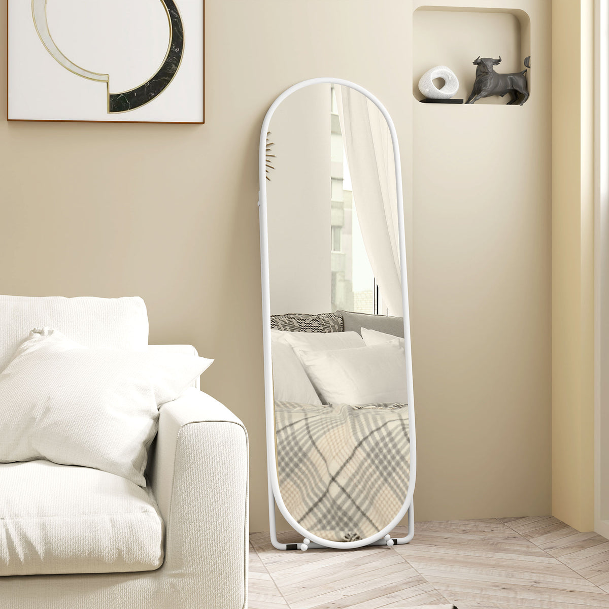 HOMCOM Ganzkörperspiegel, ovale Form, freistehend, Metallrahmen, 40x160cm, Farbe: Weiß