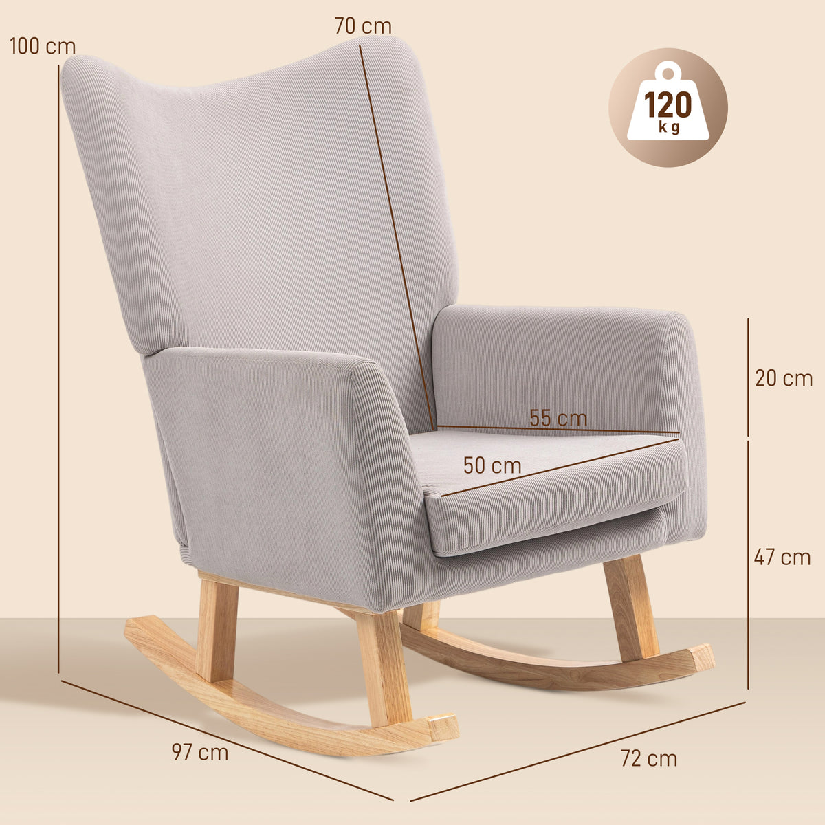 HOMCOM Schaukelstuhl im Retro-Design, Cordbezug, Kautschukholz, Schaumstoff-Füllung, hohe Rückenlehne, Polstersessel, Hellgrau