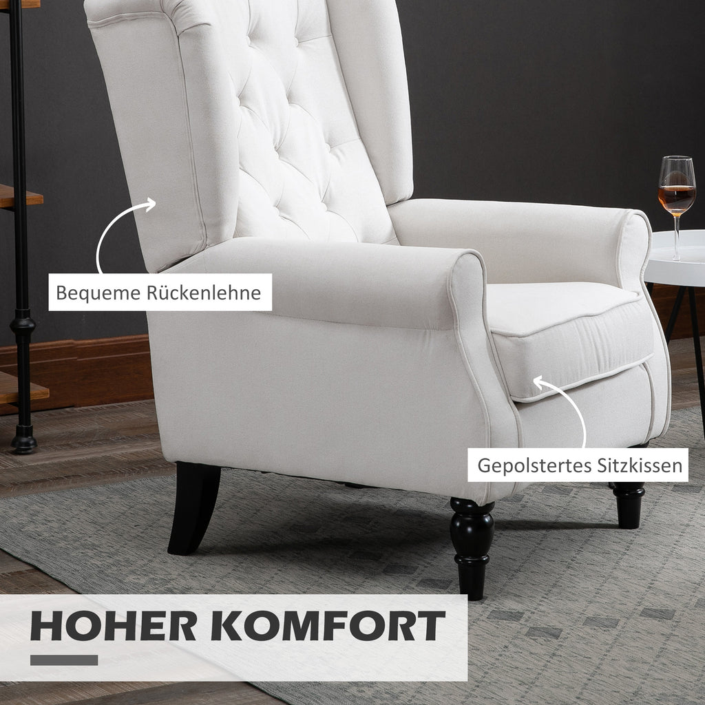 HOMCOM Ohrensessel Relaxsessel Sessel, Vintage-Design, Knopfheftung, gedrechselte Beine, 74 cm x 86 cm x 102 cm,  Cremeweiß
