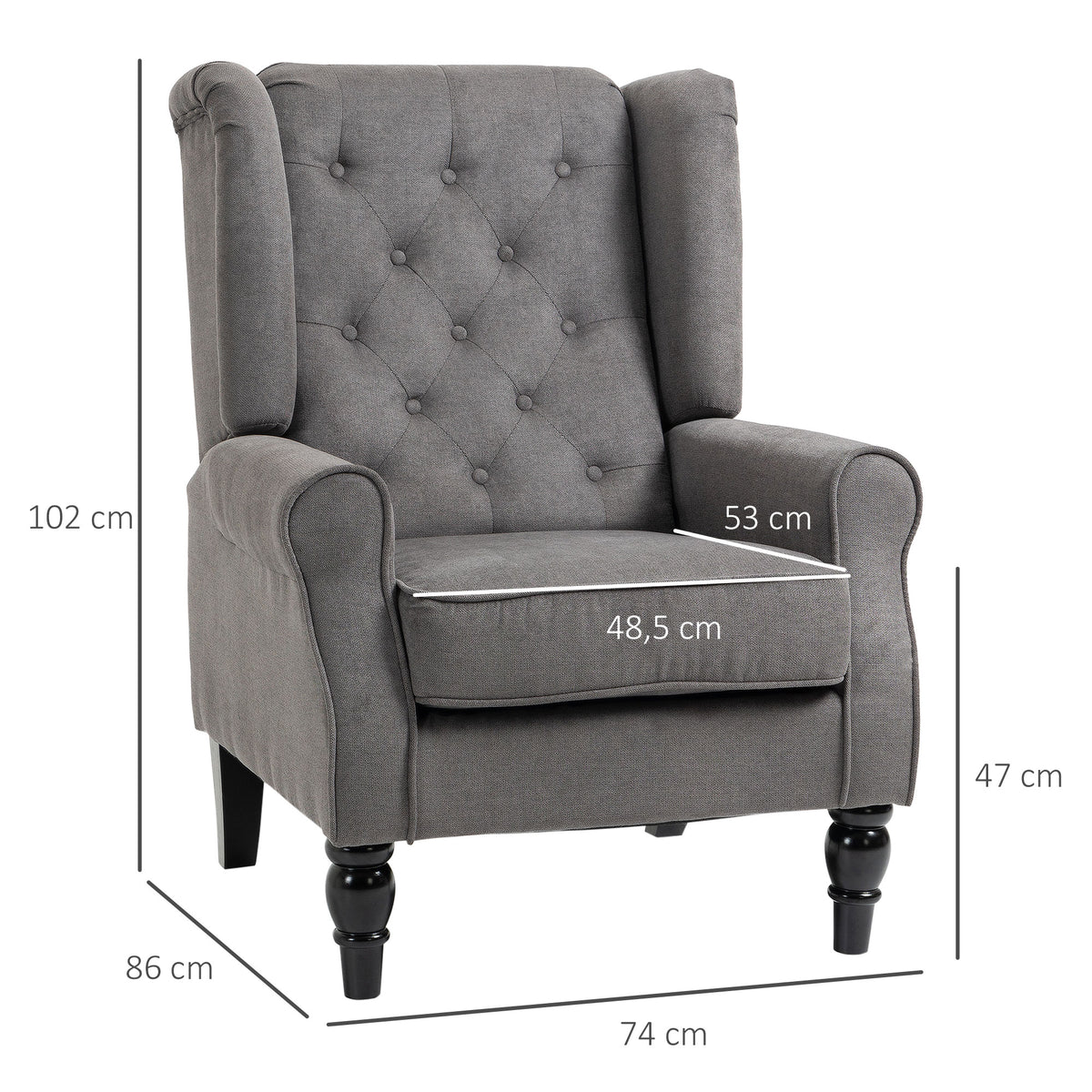 HOMCOM Ohrensessel im Vintage-Design, Lesesessel, Akzentsessel, Holzbeine, Knopfheftung, Grau + Schwarz